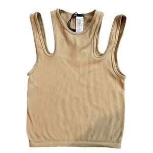 Zara Women Top M/L cutouts Ribbet Tan/cammel color  Poly Blend Sl